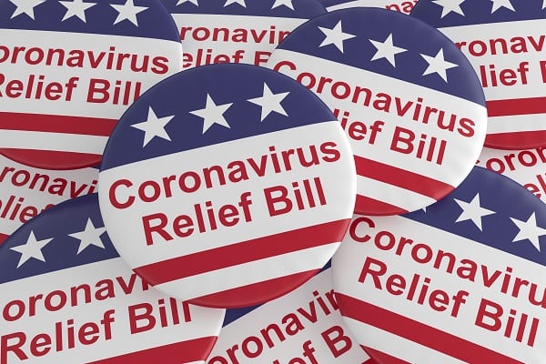 Pile of Coronavirus Relief Bill Buttons With US Flag, 3d illustration